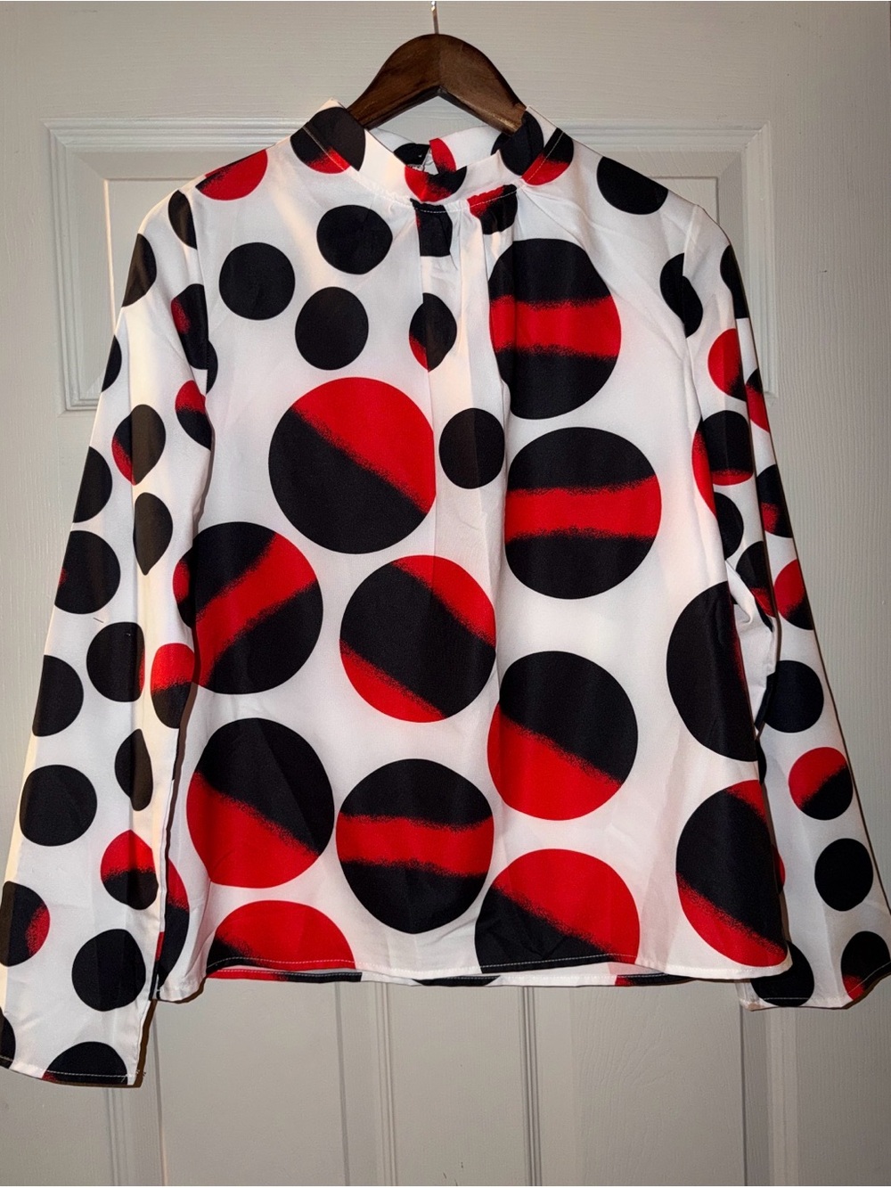 SHEIN White Long Sleeve Mock Neck Top with Red & Black Polka Dots